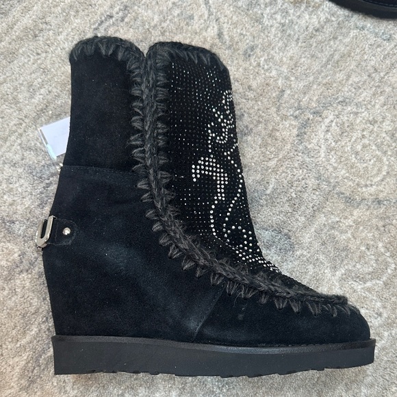 Mou brand- Black Suede Women's Boots with Rhinestone Detail - wedge heel inside - Picture 6 of 8